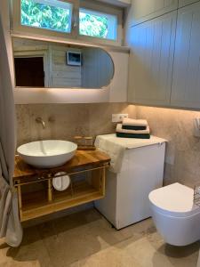 ein Bad mit einem Waschbecken und einem WC in der Unterkunft Idyllische Fewo Belling Spa - eigene Sauna und E-Ladesäule in Dresden