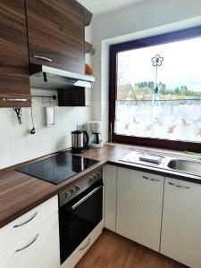 ヴィンターベルクにあるWinterberg Appartement 21032のキッチン(シンク付)、大きな窓が備わります。