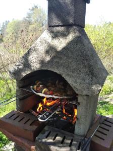 a stone oven with food cooking in it at LEŚNA OSADA in Tuchlin