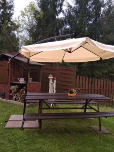 una mesa de picnic con un paraguas encima en Apartament nad szumiącym potokiem en Wilkowice