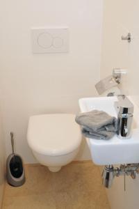 uma casa de banho com um WC branco e um lavatório. em WG Zimmer in der World of Living K em Regensburg