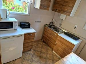 a small kitchen with a sink and a microwave at Pod Sosną in Mielno
