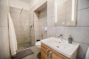 a white bathroom with a sink and a toilet at Guesthouse Pr'Šefu in Brežice