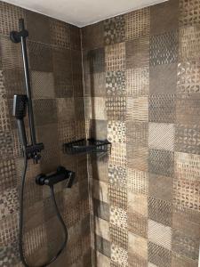 a shower with a shower head in a bathroom at Apartment Mirana with garden and FREE parking in Zadar