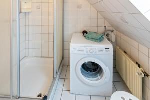 a laundry room with a washing machine and a shower at Ferienwohnung Mareike in Dornum