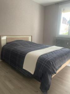 um quarto com uma cama com um cobertor azul e uma janela em Appart lumineux au calme 2 ou 3 pers em Chalon-sur-Saône