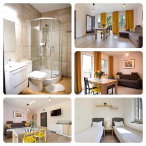 uma colagem de fotos de uma casa de banho e uma sala de estar em Lawendowa Przystań em Wielen Zaobrzanski
