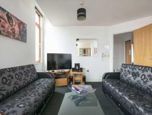 a living room with two leather couches and a tv at City centre apartment with view in Manchester