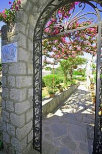 una puerta de hierro en una pared de piedra con flores en Cavalluccio Marino, en Anacapri
