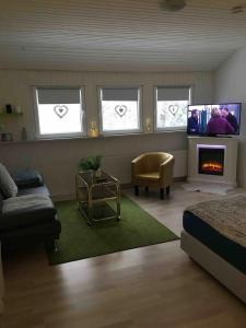 1 dormitorio con sala de estar con sofá y chimenea en Eifelliebe Rott, en Roetgen