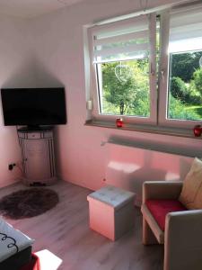 sala de estar con TV, sofá y 2 ventanas en Eifelliebe Roetgen, en Roetgen