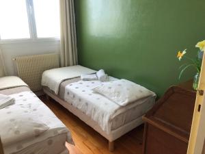 two beds in a room with green walls at LES FLOTS in Saint-Valery-en-Caux