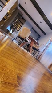 een kamer met een houten vloer en 2 stoelen bij Flux Studios Apart in Oradea