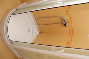 a shower with a mirror in a bathroom at Pensiunea Eden in Ranca +91 photos