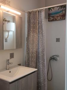 baño con lavabo y cortina de ducha en Meltemi apartments, en Agia Marina Aegina