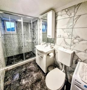 a bathroom with a toilet and a sink and a shower at Apartment Madison in Cavtat