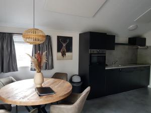 a kitchen and dining room with a wooden table at De Bijsselse Enk, Noors chalet 18 in Nunspeet