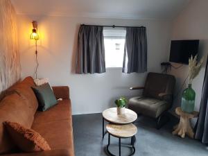 uma sala de estar com um sofá, uma cadeira e uma mesa em De Bijsselse Enk, Noors chalet 18 em Nunspeet