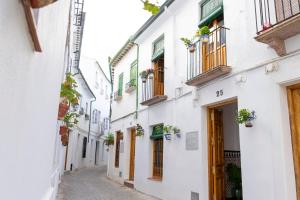 un callejón en un casco antiguo con edificios blancos en La Tesela en Priego de Córdoba