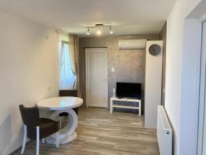 a small living room with a table and a television at Fruška Gora Guesthouse in Irig