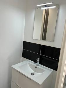 een badkamer met een witte wastafel en een spiegel bij Appartement Le Mans proche du circuit des 24h in Changé