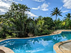 a swimming pool in a resort with palm trees at Lala Land Lodge in Kizimkazi