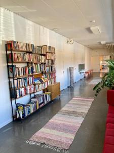 Habitación grande con 2 estanterías llenas de libros en Kotapiha, en Liperi