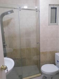 La salle de bains est pourvue d'une douche, de toilettes et d'un lavabo. dans l'établissement Furnished apartment in Jubeiha, à Amman