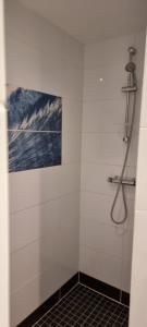 a bathroom with a shower with a painting on the wall at La Belle Cordière in Saint-Trojan-les-Bains