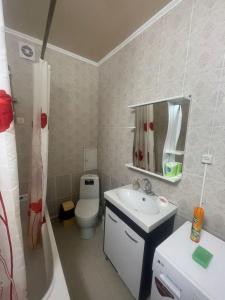 bagno con lavandino, servizi igienici e specchio di 1 bedroom Seaside apartments in Green Park 1 комнатная квартира ad Aqtau
