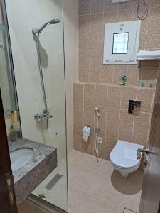 a bathroom with a shower and a toilet and a sink at نسناس للأجنحة الفندقية in Namirah
