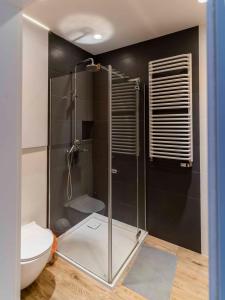 a bathroom with a shower with a toilet and a sink at FIRST -- Green Żoliborz Apartment 2 in Warsaw