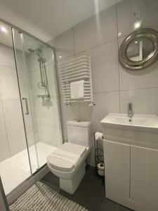 a bathroom with a toilet and a shower and a sink at The Cherry Tree in Kingston Blount