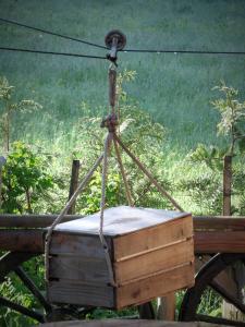 a wooden swing hanging from a rope with a window at Chalet trappeur in Le Biot