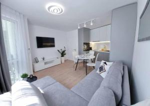 Nova City Apartments في مدينة فارنا: غرفة معيشة مع أريكة رمادية وطاولة