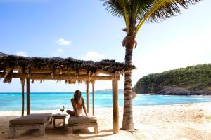 a woman sitting on a beach next to a palm tree at Hotel Manapany in Gustavia