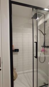 a shower with a glass door in a bathroom at Atocha Suite in Madrid