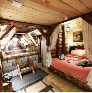 sypialnia w drewnianym domku z łóżkiem w obiekcie La mine de Buck w mieście Le Biot