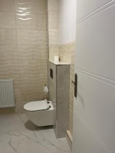 a bathroom with a white toilet in a room at SZWEDZKA22 PL Premium Rooms in Wrocław