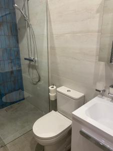uma casa de banho com um chuveiro, um WC e um lavatório. em Happy Inn em Kaunas