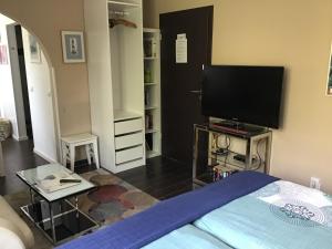 Schlafzimmer mit einem Bett und einem Flachbild-TV in der Unterkunft Ferienapartment Hartung in Heikendorf