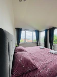 a bedroom with a bed with a pink comforter and windows at Family Residence Petrovac in Petrovac na Moru