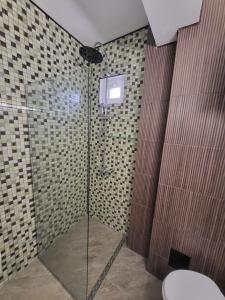 uma casa de banho com um chuveiro e um WC. em Eforie Seaview Apartment em Eforie Nord