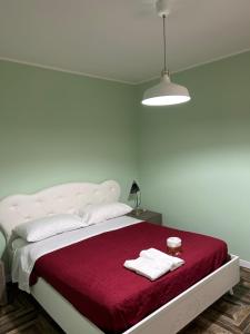Amica的住宿－Casa Vacanza e B&B，一张白色的床,红色毯子上带两条毛巾