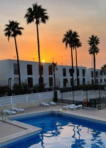 a swimming pool with palm trees in front of a building at Apartment Soleil Altamar in Playa de las Americas