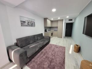 uma sala de estar com um sofá e uma cozinha em Olimp Sea View Apartments Etajul 10 em Olimp