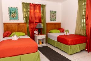 基督堂區的住宿－Edtricica Apartment，红色和绿色的客房内的两张床
