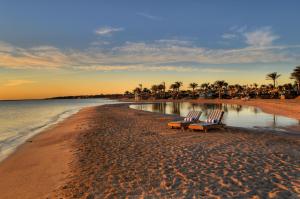 twee stoelen op een zandstrand met palmbomen bij Aurora Oriental Resort Sharm El Sheikh in Sharm El Sheikh