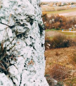 a rock with snow on it next to a fence at Gospodarstwo Agroturystyczne Sunny Camp in Jerzmanowice