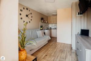 a living room with a couch and a clock on the wall at Apartament Pod Górką Gołdap in Gołdap